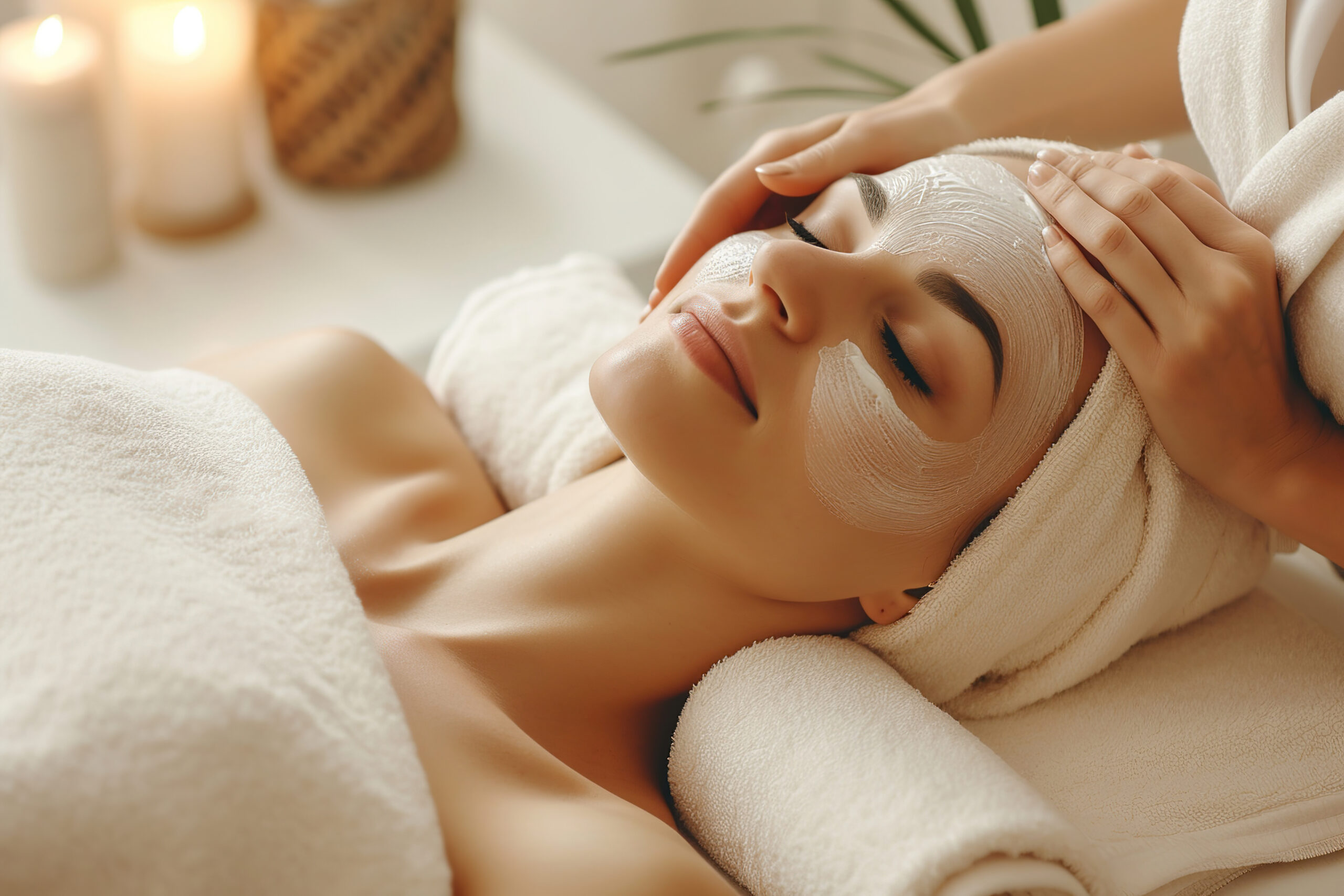 woman with closed eyes and face mask and  is receiving facial treatment at a beauty salon